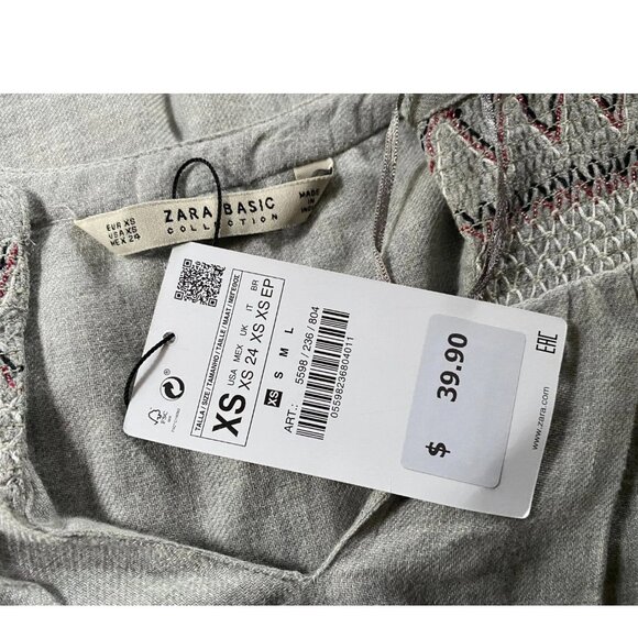 ZARA Gray GAUZE Seersucker Chevron Print Peasant Lounge Tunic shirt *X-SMALL* - Picture 5 of 5